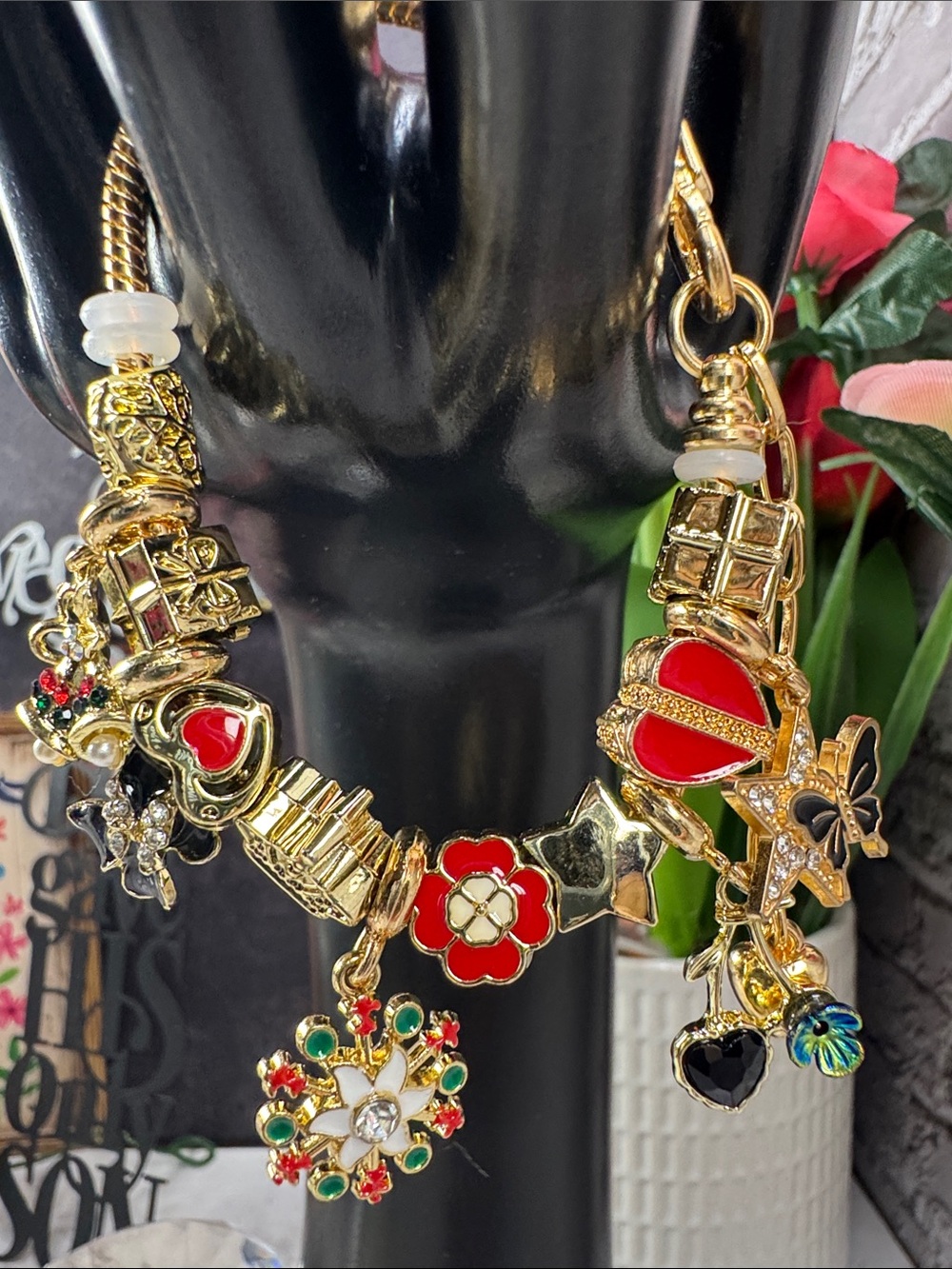 Gold-Tone Multicolor Enamel Charm Bracelet - Red Floral & Heart Accents